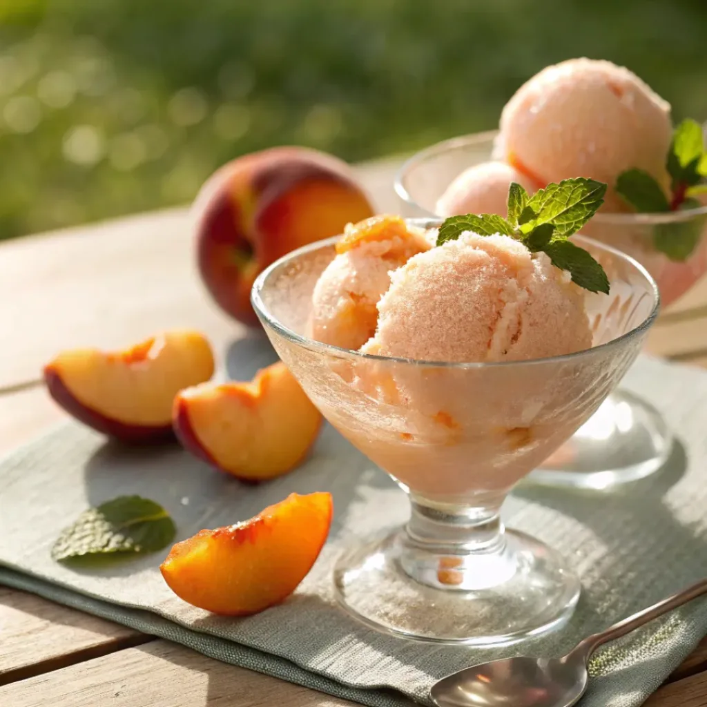 Refreshing peach sorbet served with fresh peach slices