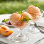 Smooth peach sorbet with fresh peach slices and mint garnish