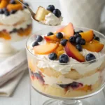 Layered peach and blueberry trifle with cream, sponge cake, and fruit