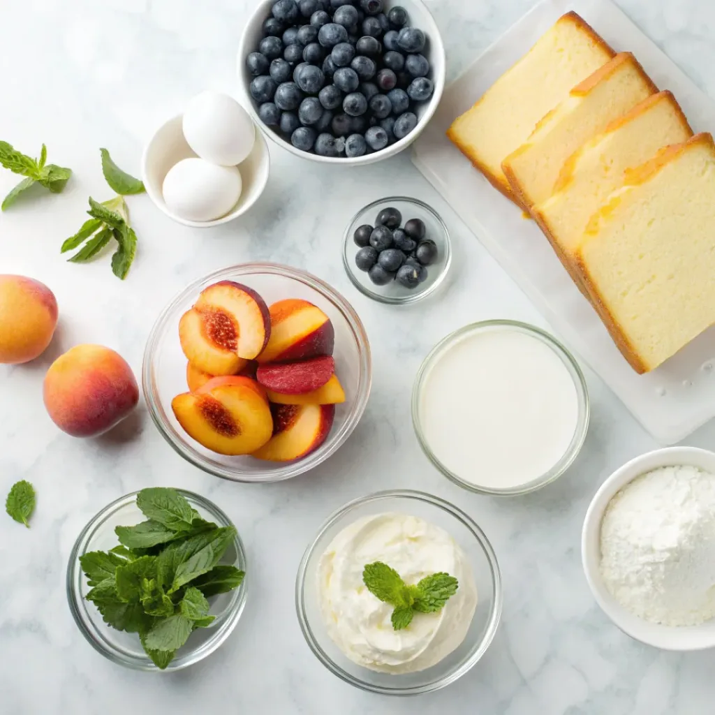 Flat lay of peaches, blueberries, cream, cake, and custard ingredients