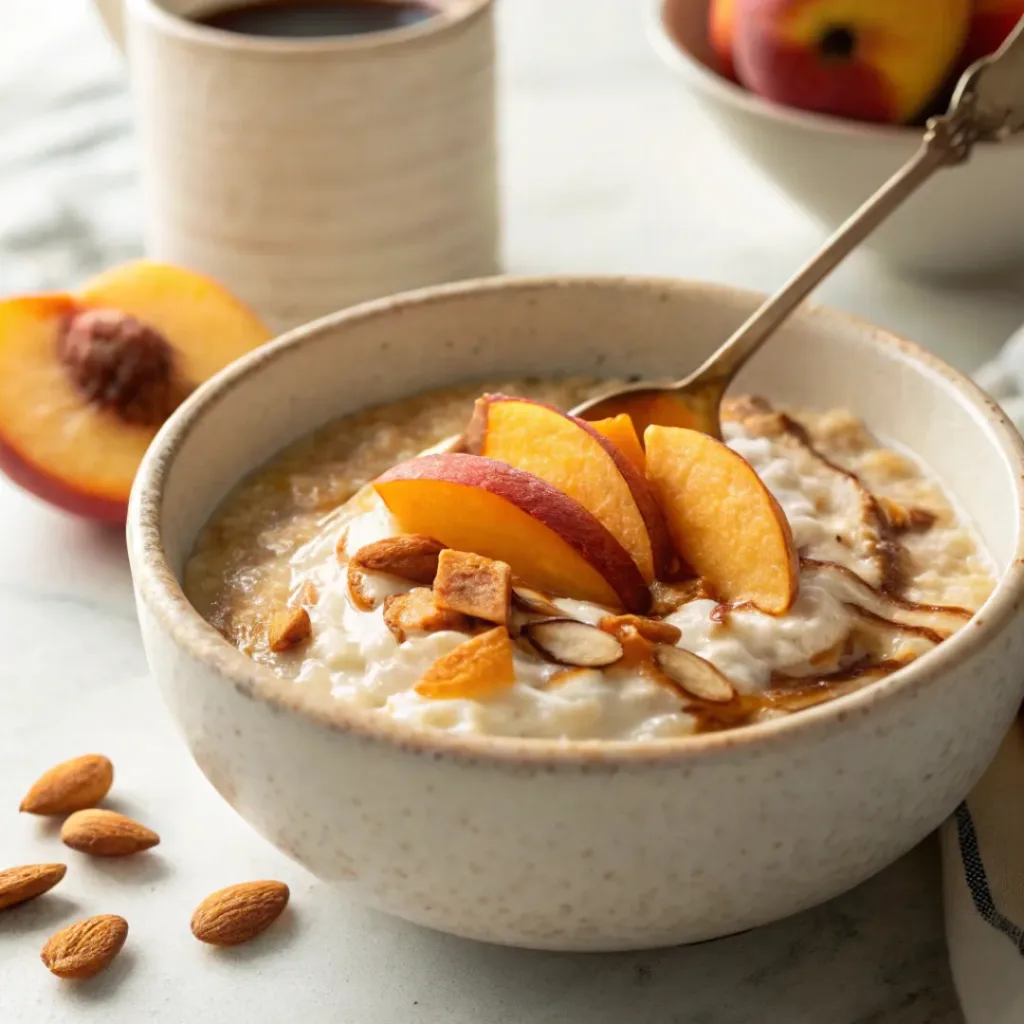Creamy oatmeal with peaches, honey, cinnamon, and cream