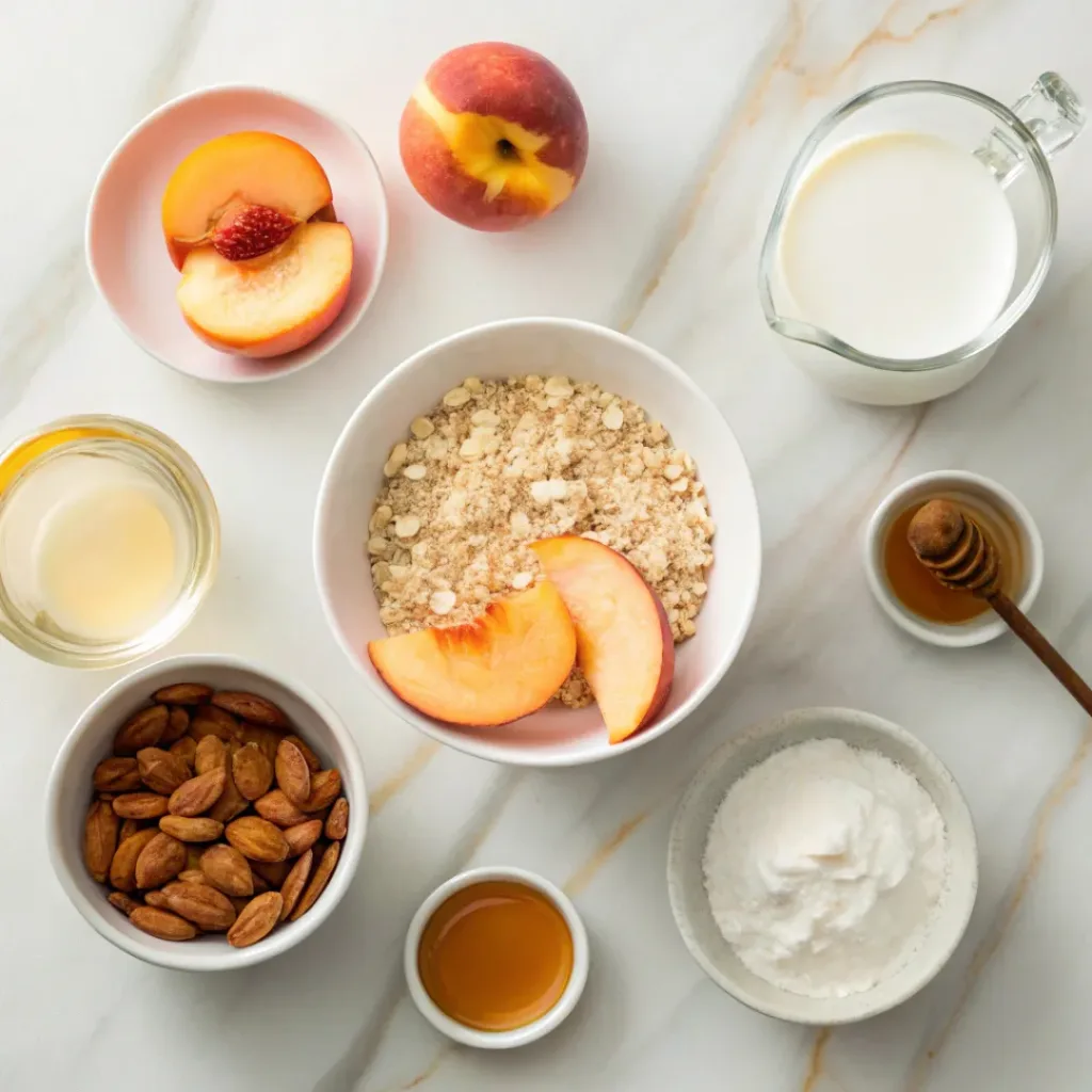 Flat lay of oats, peaches, cream, honey, and breakfast ingredients