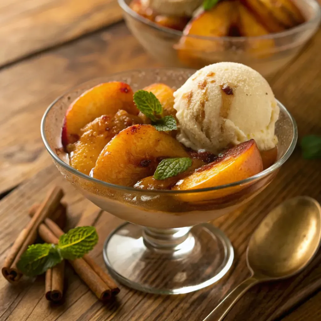 Warm caramelized peaches with vanilla ice cream and caramel sauce