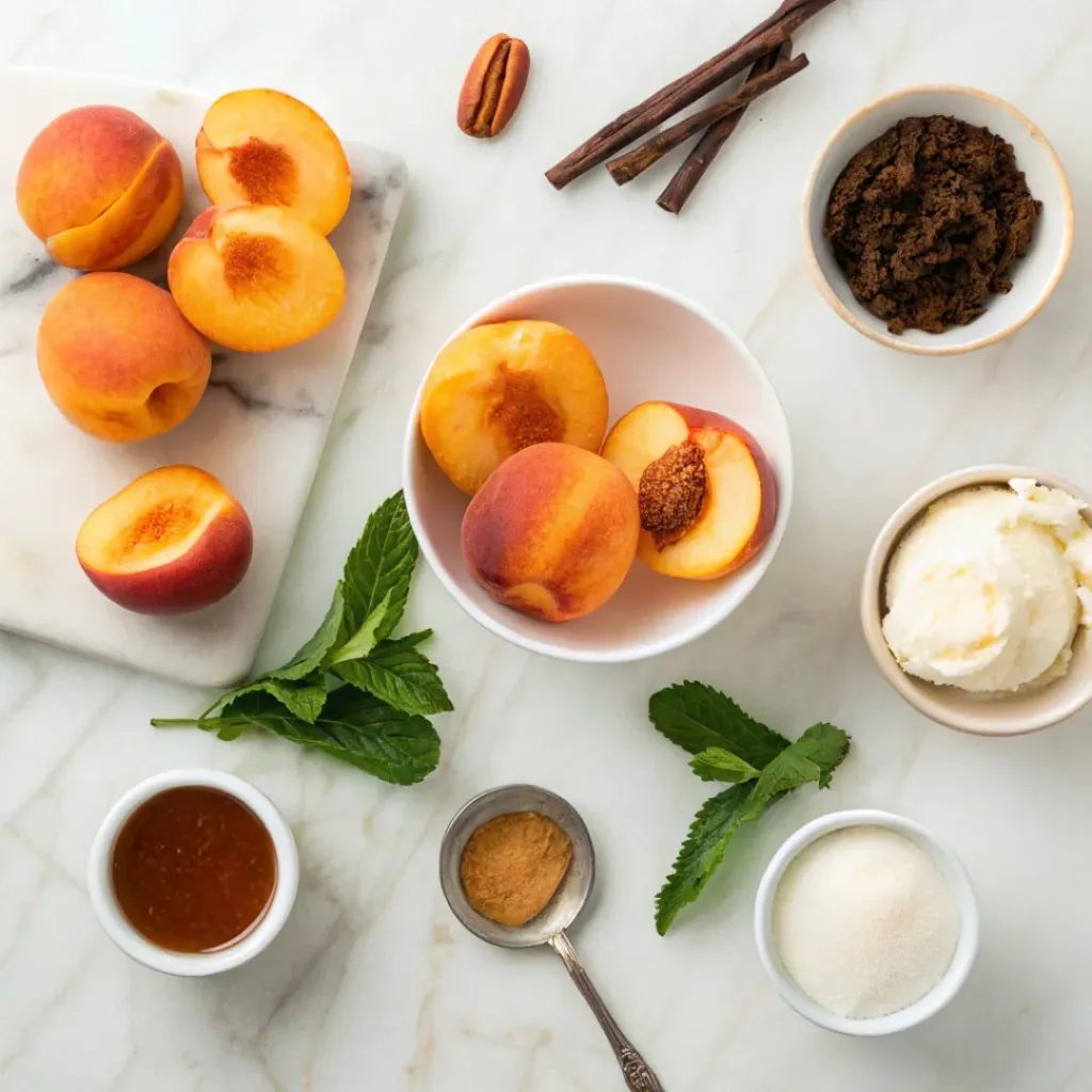 Flat lay of peaches, butter, brown sugar, cinnamon, and ice cream