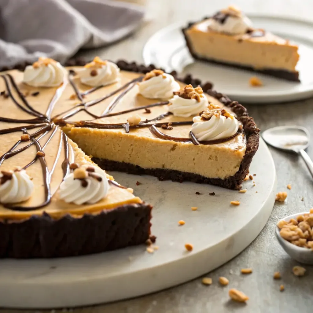Slice of peanut butter pie with chocolate crust and whipped topping