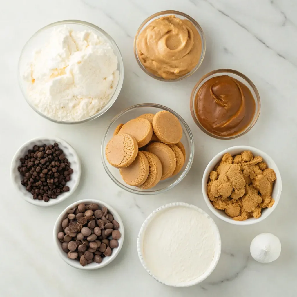 Flat lay of peanut butter, cream cheese, cookies, and dessert ingredients