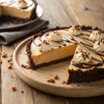 Creamy peanut butter pie with chocolate crust and whipped cream topping