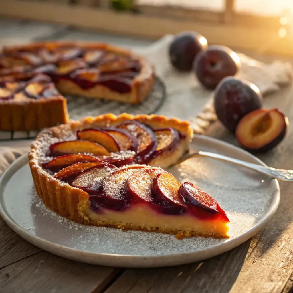 Slice of plum tart with almond filling and caramelized fruit topping
