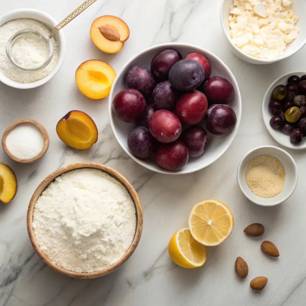 Flat lay of plums, flour, butter, sugar, and almond baking ingredients