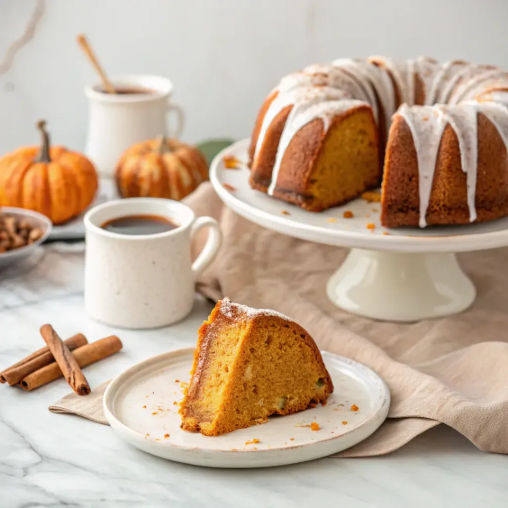 Slice of pumpkin bundt cake with vanilla glaze, cinnamon, pecans, and a warm cup of coffee.