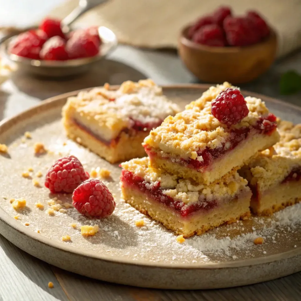 Raspberry Crumble Bars – Buttery, Fruity & Sweet-Tart Dessert Bars 8 Four step collage showing mixing crumble, layering jam, topping, and baking bars