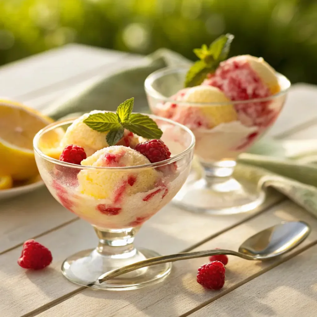 Scoops of raspberry lemon sherbet with fresh raspberries and lemon garnish