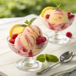 Raspberry lemon sherbet with fresh berries and lemon slices