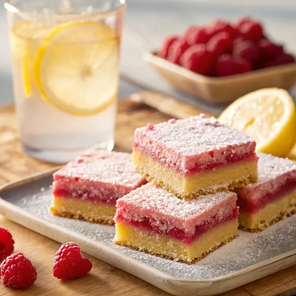 Raspberry Lemonade Bars – Tangy, Sweet & Buttery Dessert Squares 8 Raspberry lemon bars with powdered sugar and fresh fruit garnish