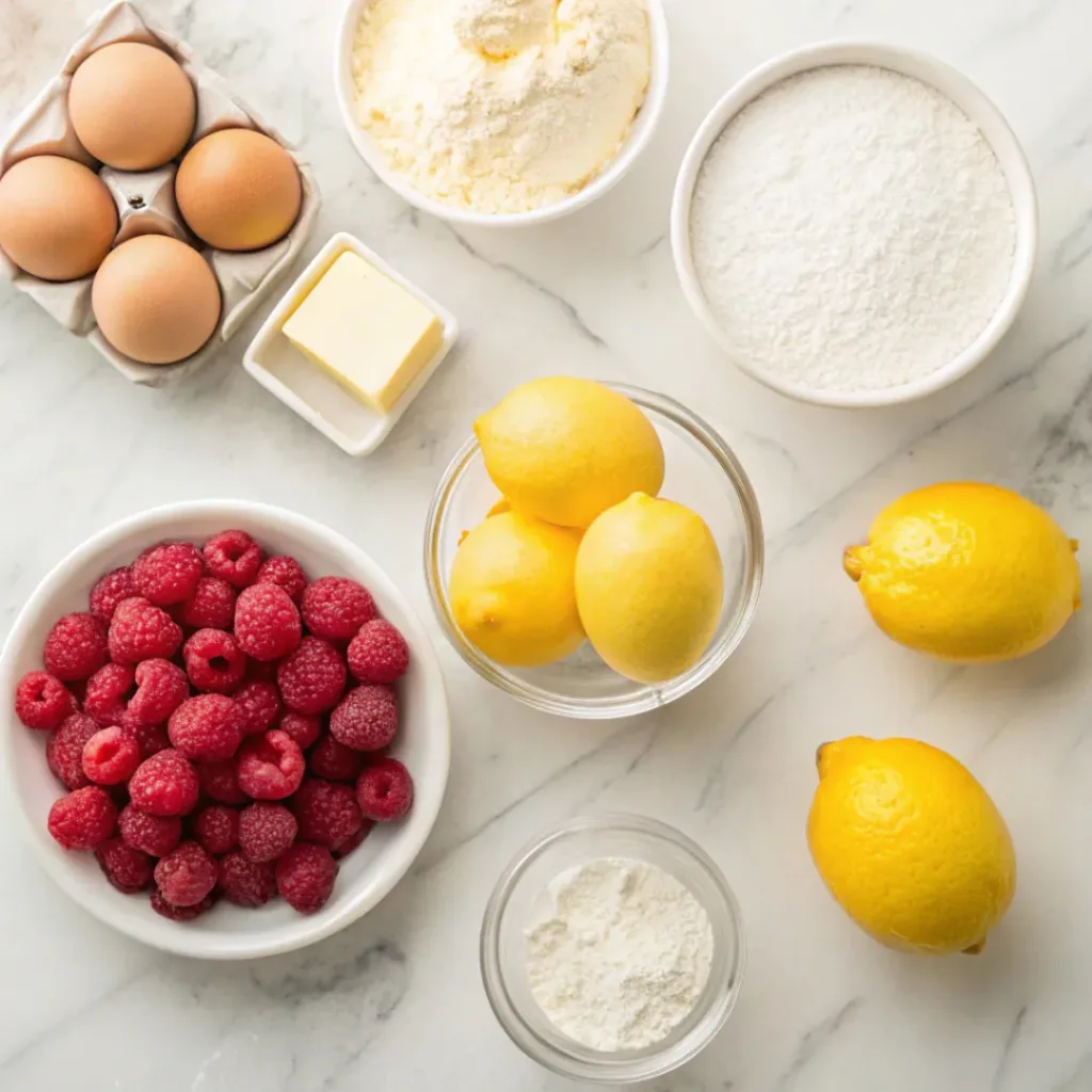 Raspberry Lemonade Bars – Tangy, Sweet & Buttery Dessert Squares 6 Flat lay of raspberries, lemons, butter, sugar, and baking ingredients