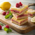 Raspberry lemonade bars with shortbread crust and powdered sugar