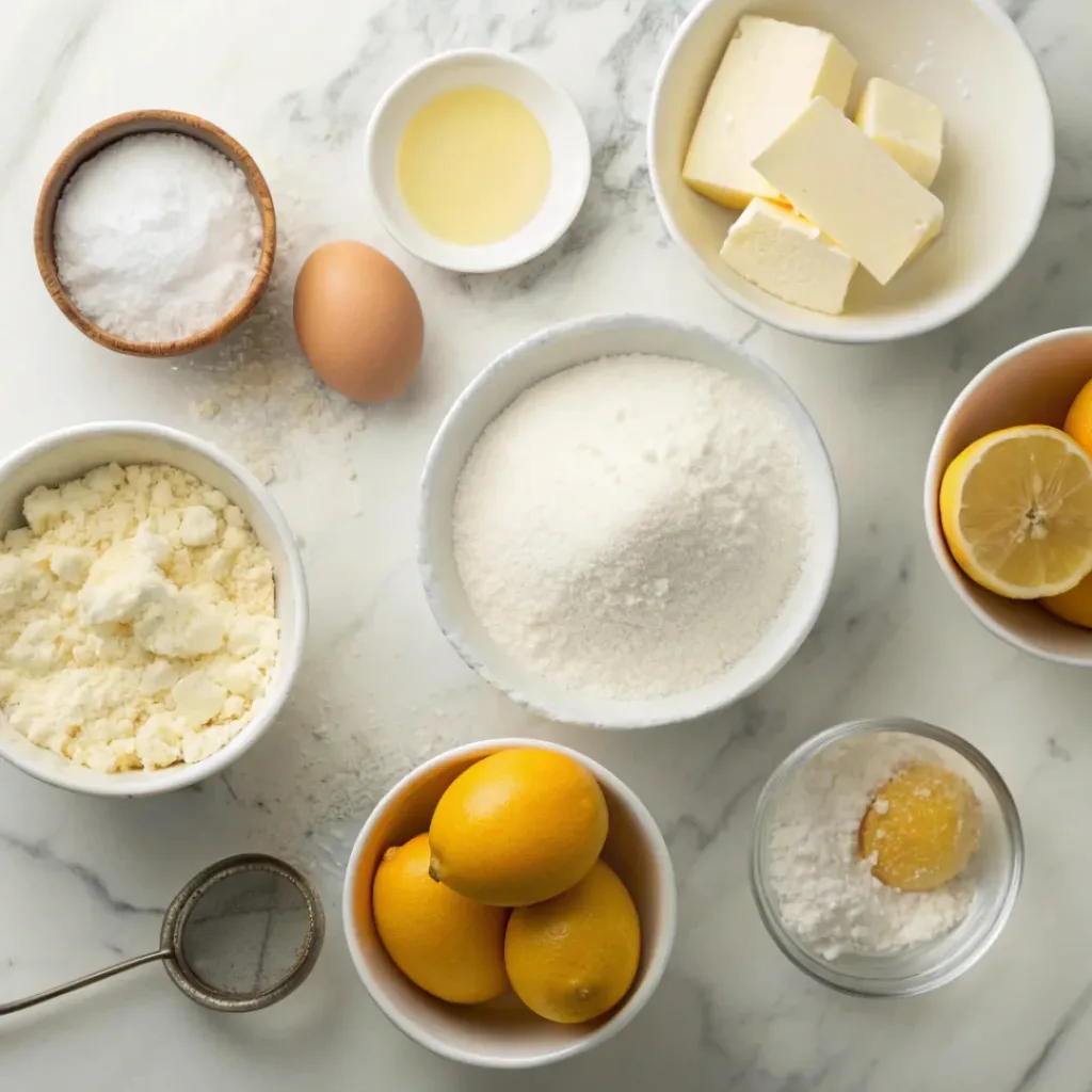 Ricotta Pie – Creamy Italian-Style Dessert Tart 6 Flat lay of ricotta, eggs, sugar, butter, and baking ingredients