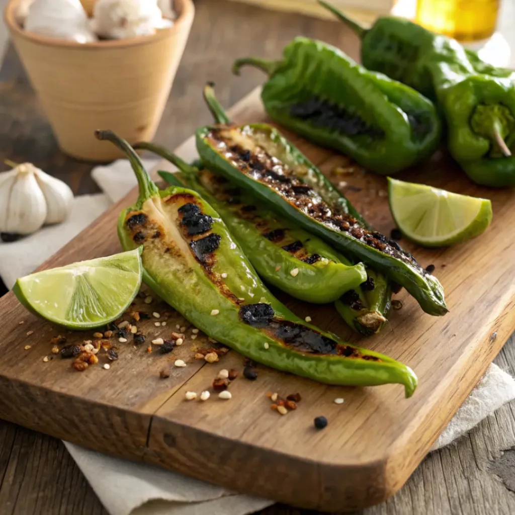 Prepared roasted Hatch green chiles with lime and cilantro