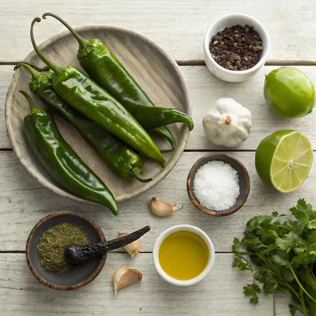 Flat lay of Hatch chiles, garlic, lime, and seasonings