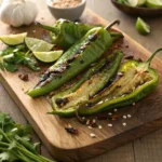 Roasted Hatch green chiles with charred skins on wooden board