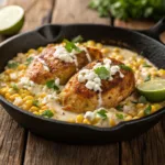 Chicken in creamy street corn sauce with cheese, cilantro, and lime