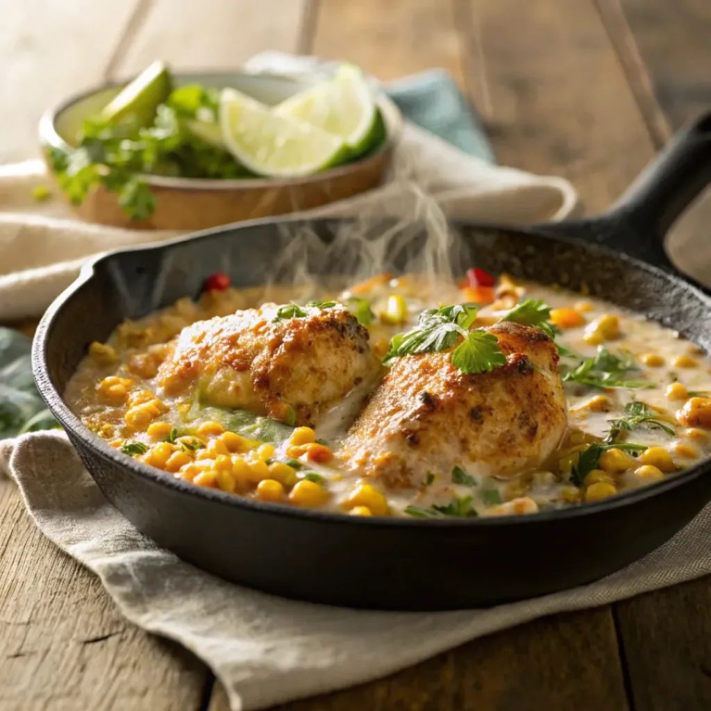 Creamy street corn chicken skillet with cheese, corn, and herbs