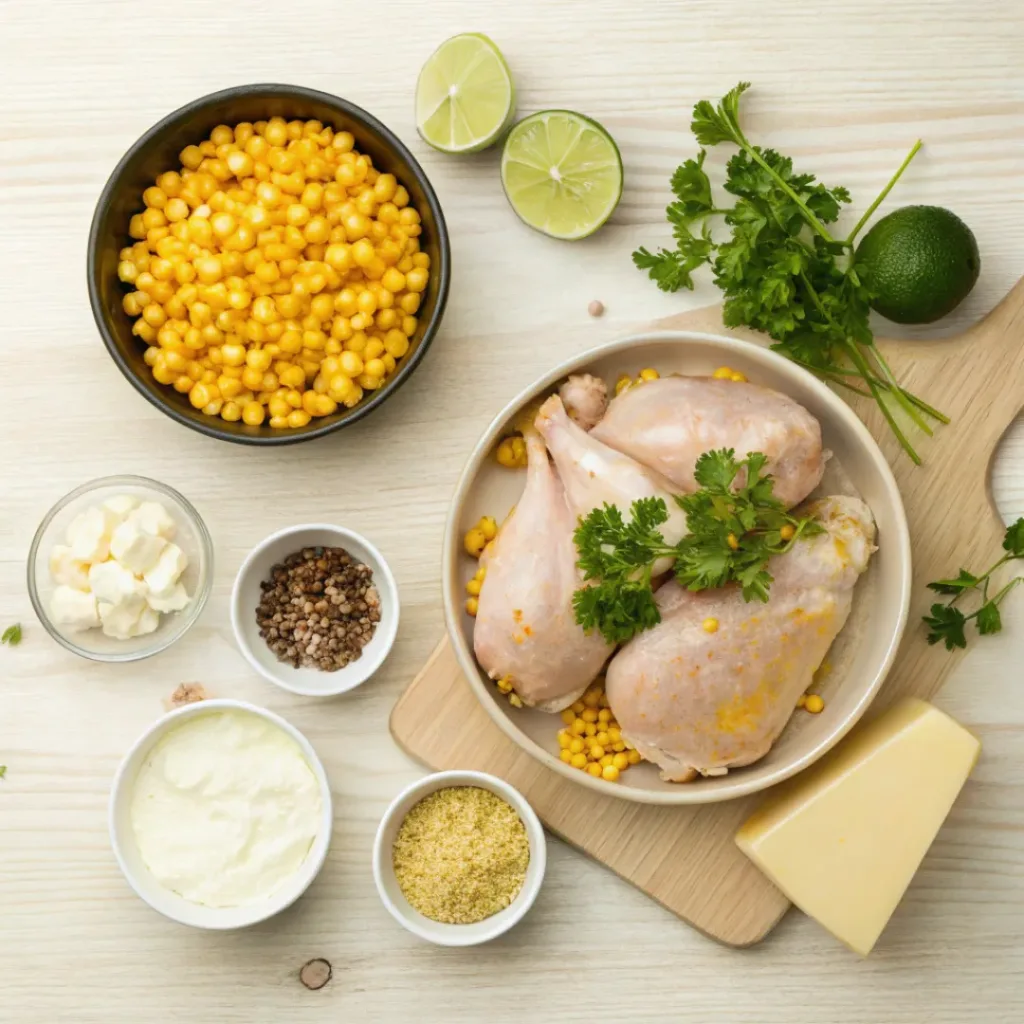 Flat lay of chicken, corn, cream cheese, lime, and spices
