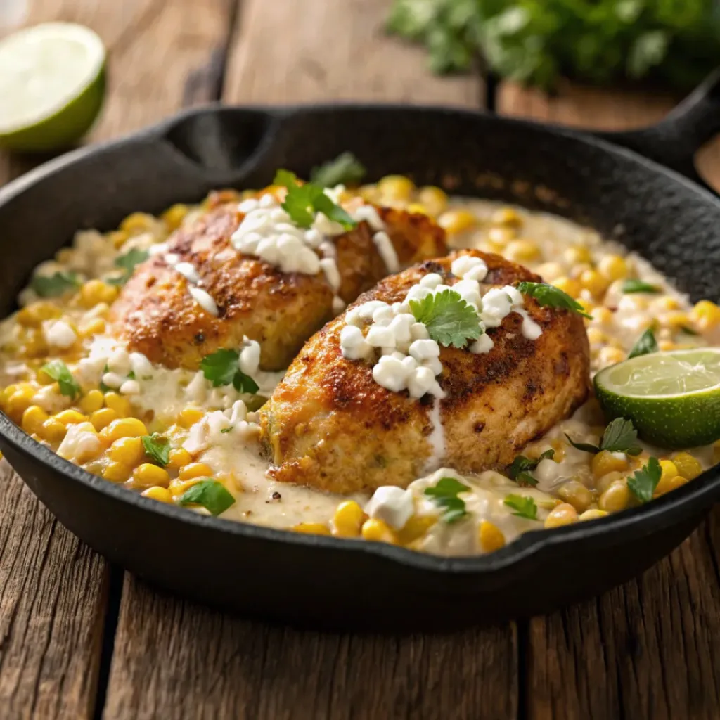 Chicken in creamy street corn sauce with cheese, cilantro, and lime