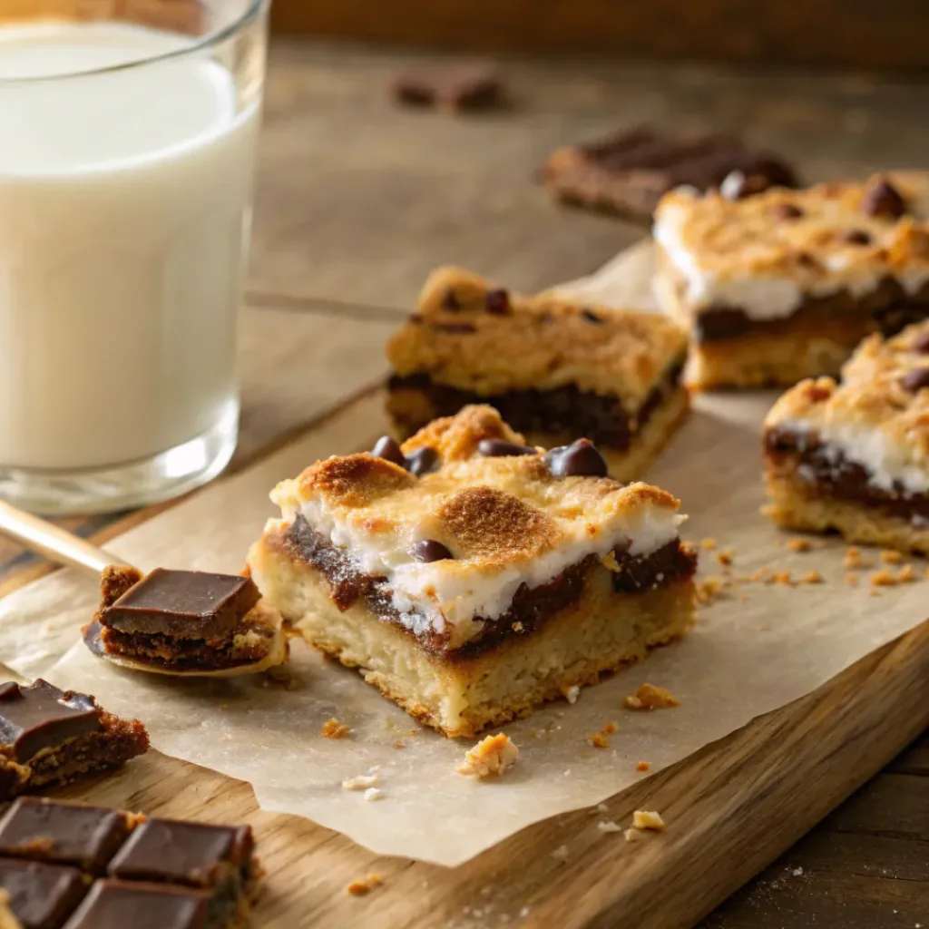 S’mores Cookie Bars – Gooey, Chocolatey & Campfire-Inspired Dessert 8 Gooey s’mores cookie bars with melted chocolate and toasted marshmallow