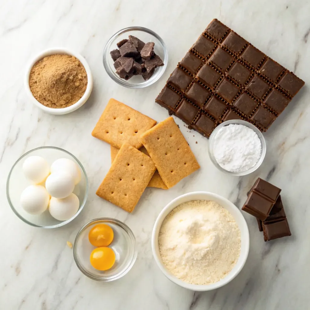 S’mores Cookie Bars – Gooey, Chocolatey & Campfire-Inspired Dessert 6 Flat lay of graham crackers, chocolate, marshmallows, and baking ingredients