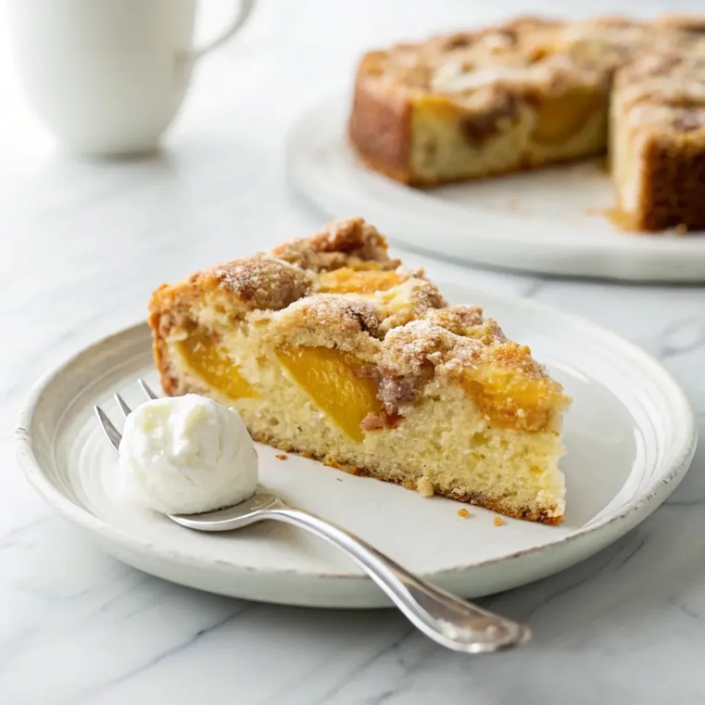 sour cream peach cake slice serving ideas with whipped cream