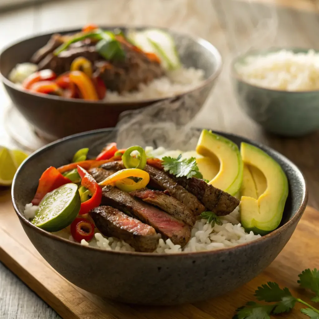 Steak fajita rice bowl with peppers, onions, avocado, and lime