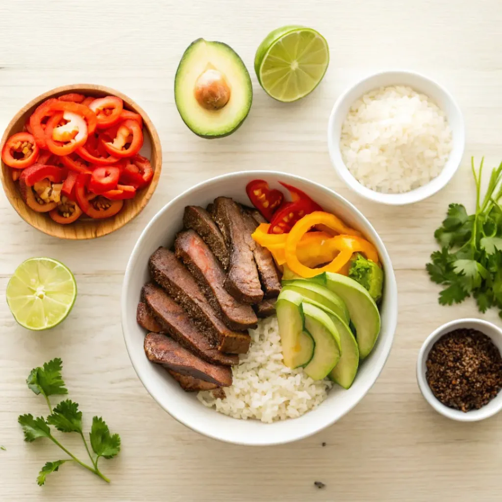 Flat lay of steak, peppers, onions, rice, avocado, and fajita seasonings