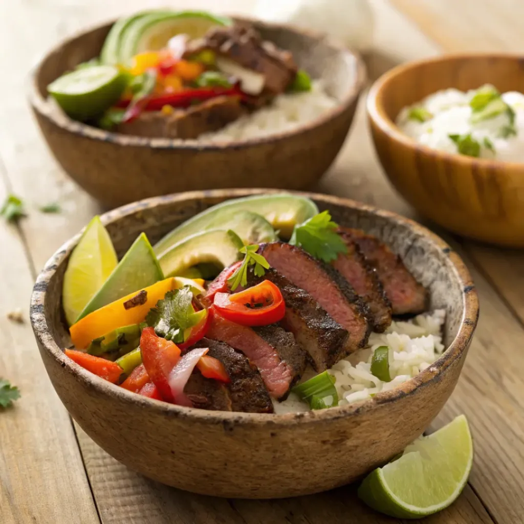 Steak fajita bowl with rice, peppers, onions, avocado, and lime