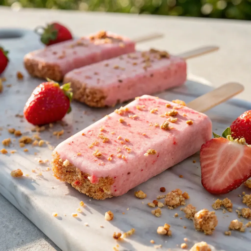 Creamy strawberry ice cream bars with crunchy strawberry cookie coating