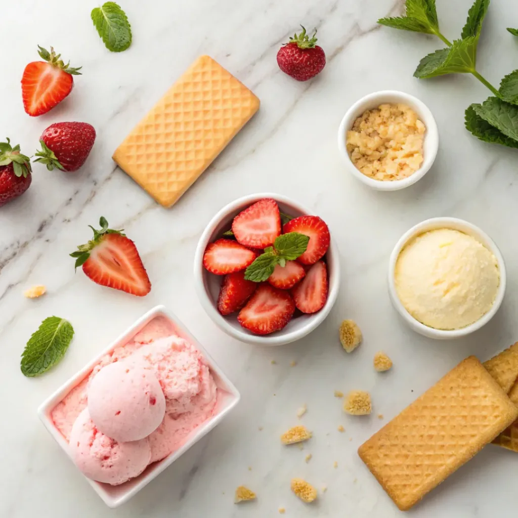 Flat lay of strawberries, ice cream, cookies, and crunch topping ingredients