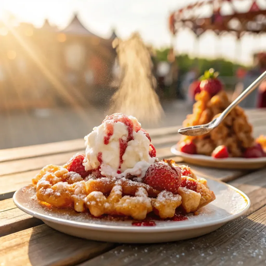 Strawberry Funnel Cake – Crispy, Sweet & Carnival-Style Dessert 8 Crispy funnel cake with strawberries, whipped cream, and syrup