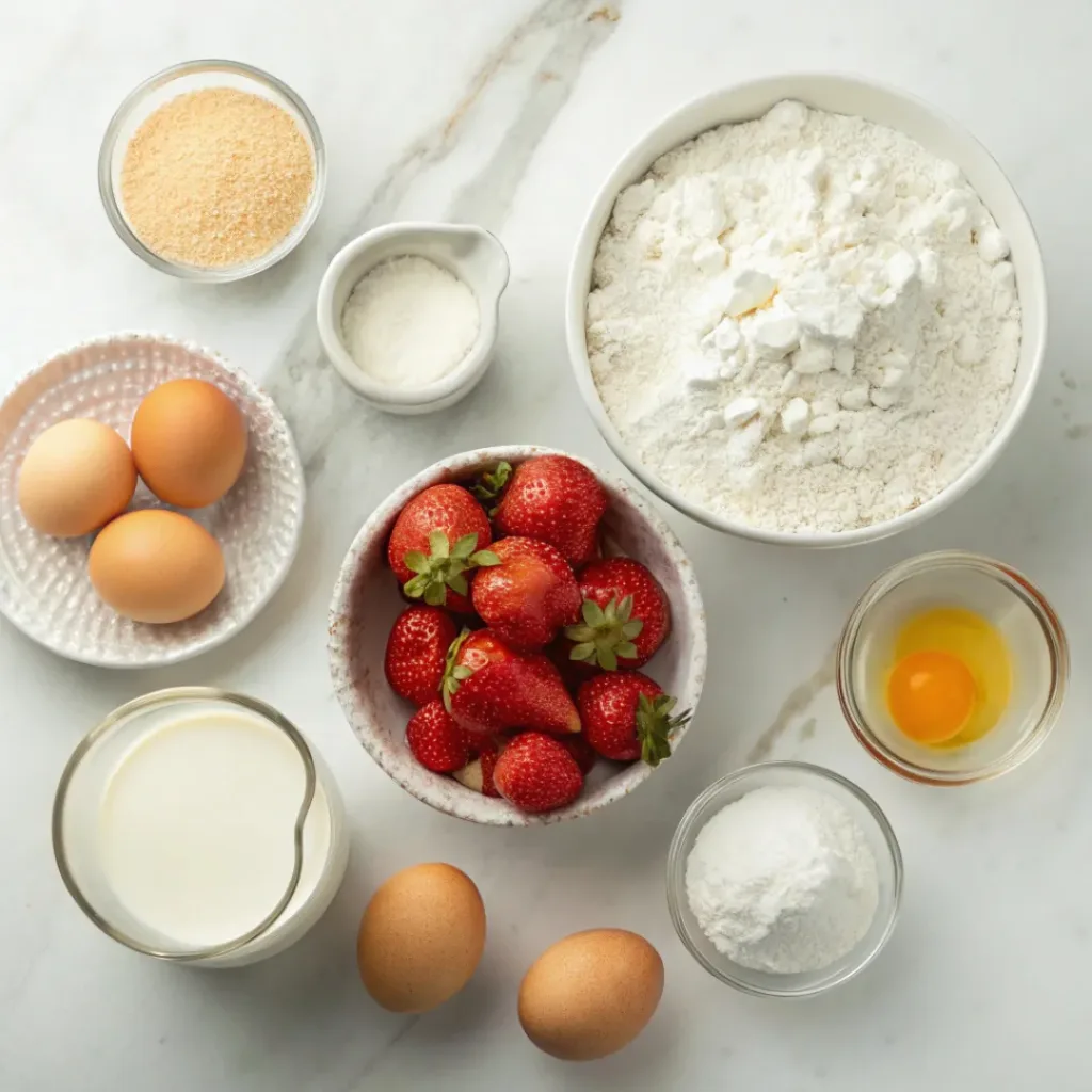 Strawberry Funnel Cake – Crispy, Sweet & Carnival-Style Dessert 6 Flat lay of flour, strawberries, eggs, sugar, and funnel cake ingredients