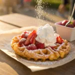 Funnel cake topped with strawberries, whipped cream, and powdered sugar