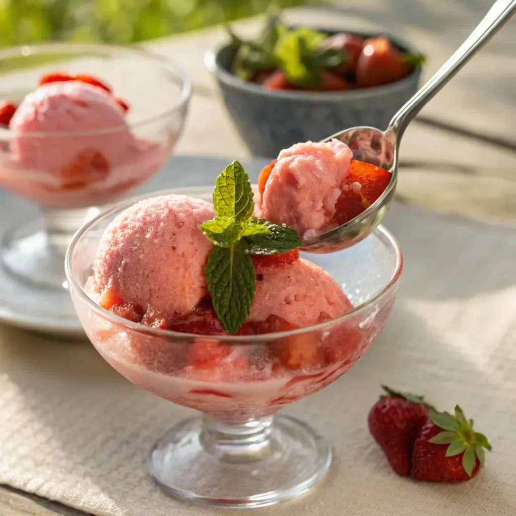 Refreshing strawberry sorbet scoops with fresh strawberries and mint