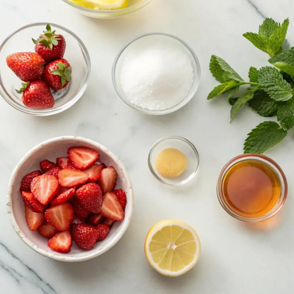 Flat lay of strawberries, lemon, sugar, and sorbet ingredients