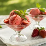 Vibrant strawberry sorbet scoops with fresh strawberries and mint