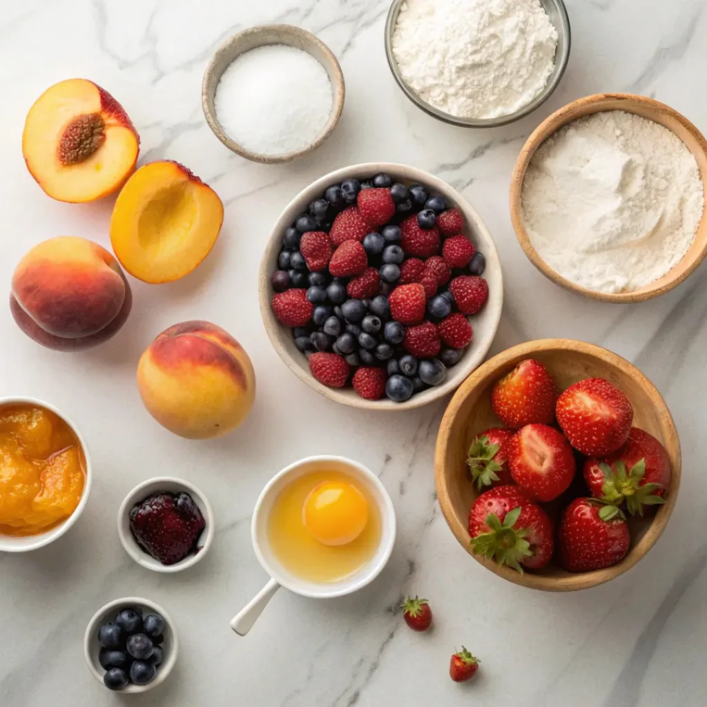 Summer Fruit Crostata – Rustic, Buttery & Juicy Seasonal Tart 6 Flat lay of fresh fruits, flour, butter, sugar, and baking ingredients