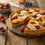 Rustic crostata with mixed summer fruits and golden lattice crust