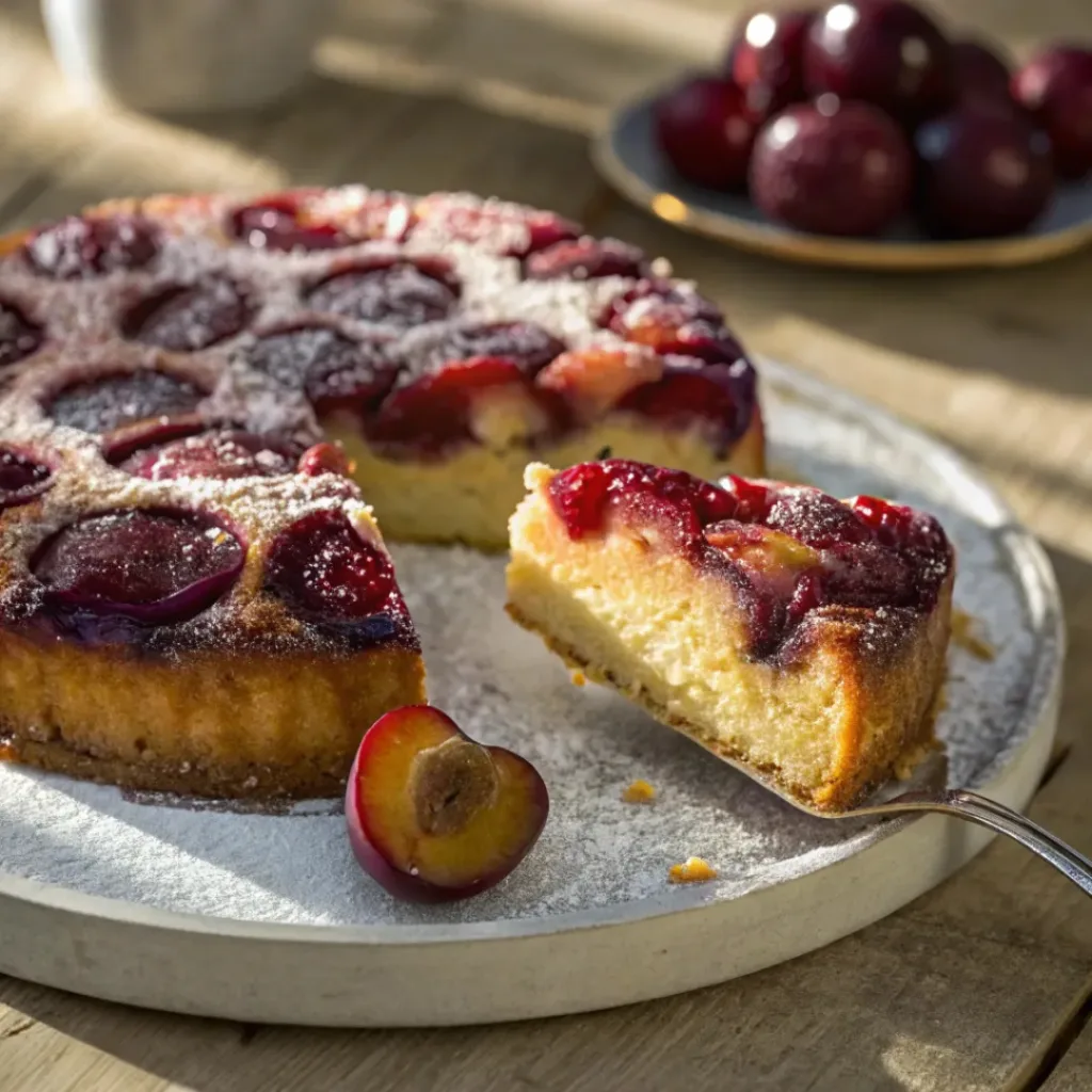 Upside-Down Plum Cake – Moist, Fruity & Beautifully Caramelized 8 Slice of upside-down plum cake with caramelized plum topping