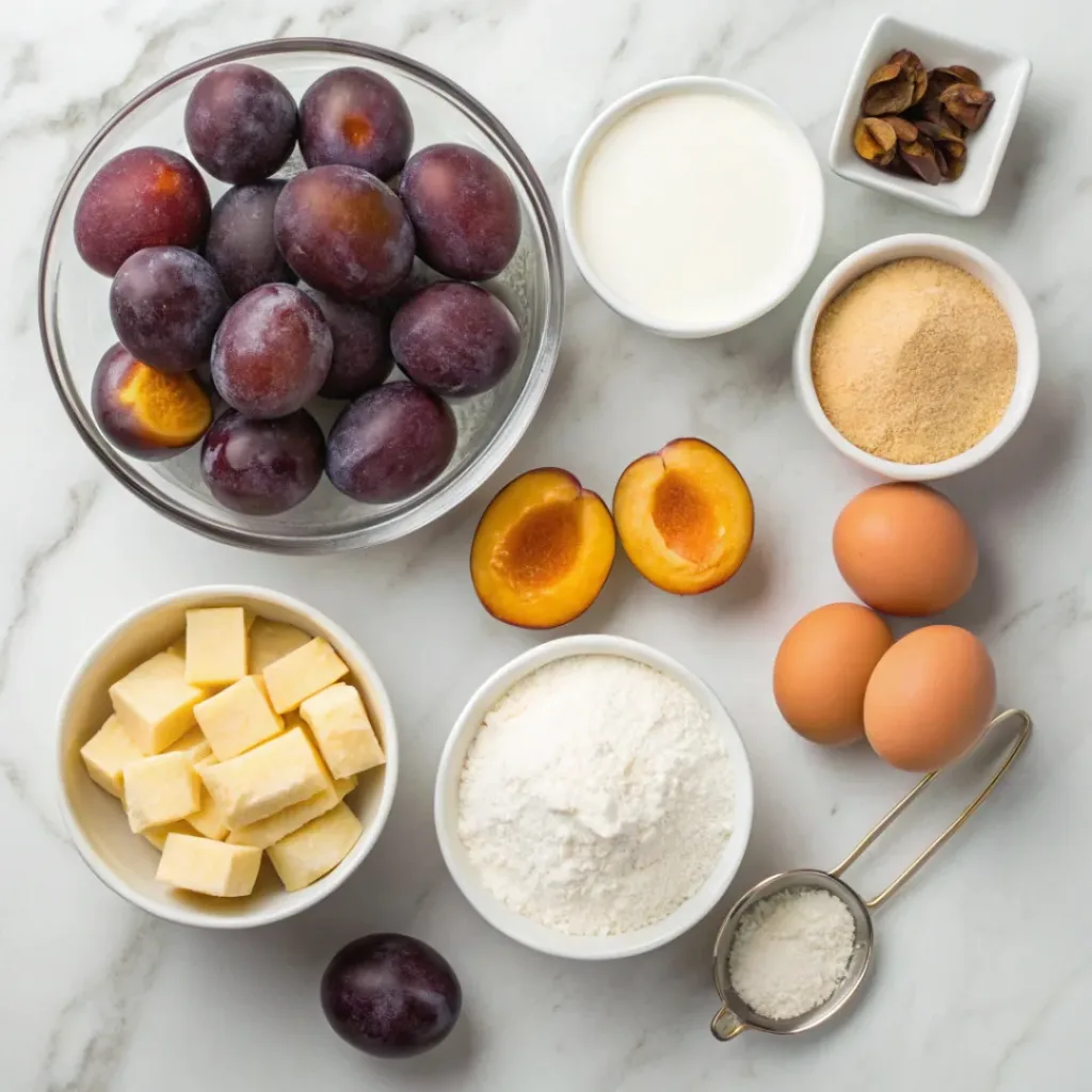 Upside-Down Plum Cake – Moist, Fruity & Beautifully Caramelized 6 Flat lay of plums, flour, butter, eggs, and cake ingredients