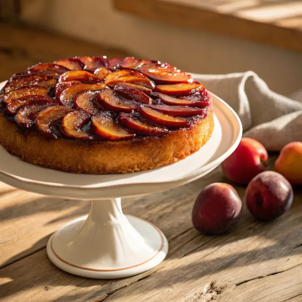 Home 6 Upside-down plum cake with caramelized plums and moist vanilla cake