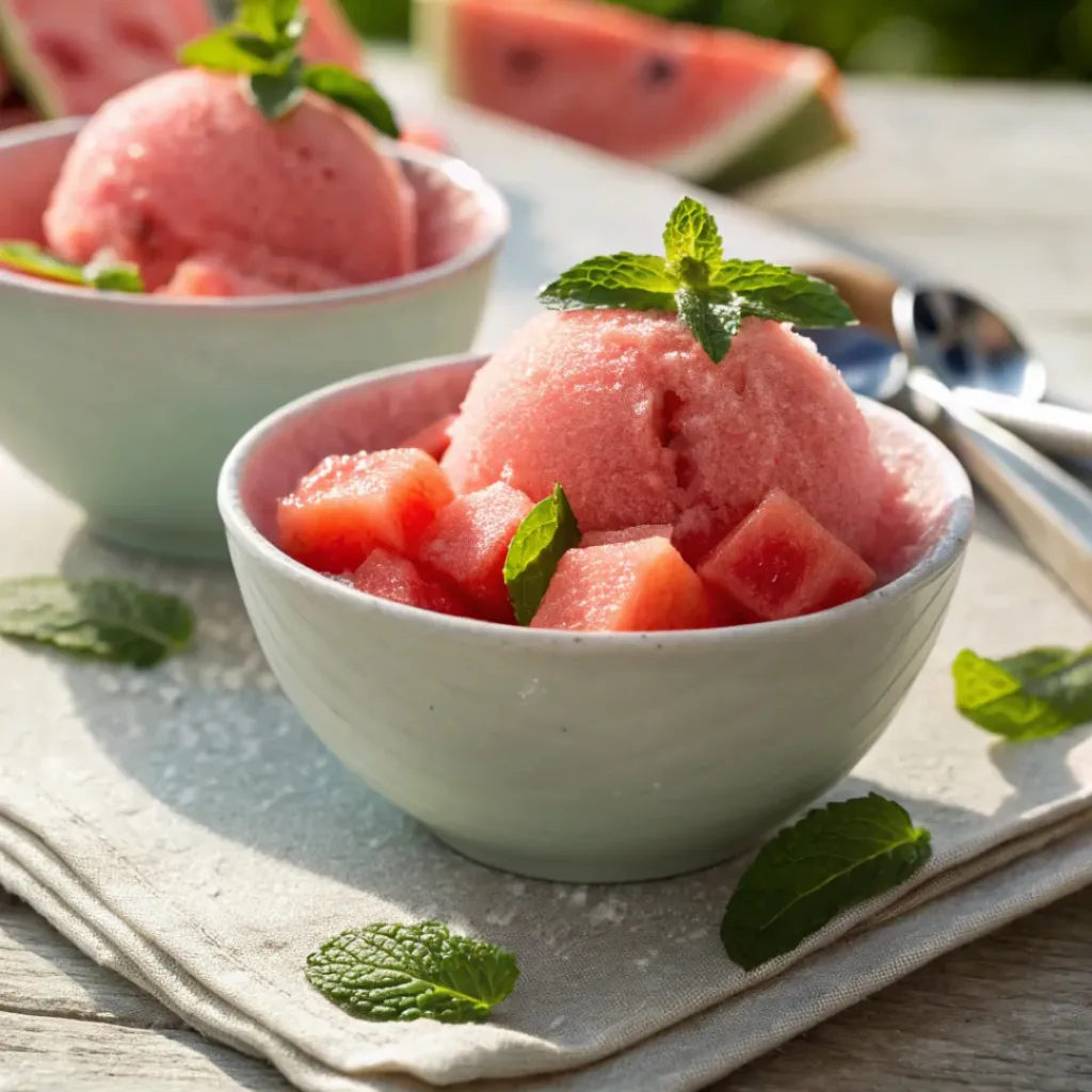 Refreshing watermelon sorbet scoops with mint and watermelon garnish