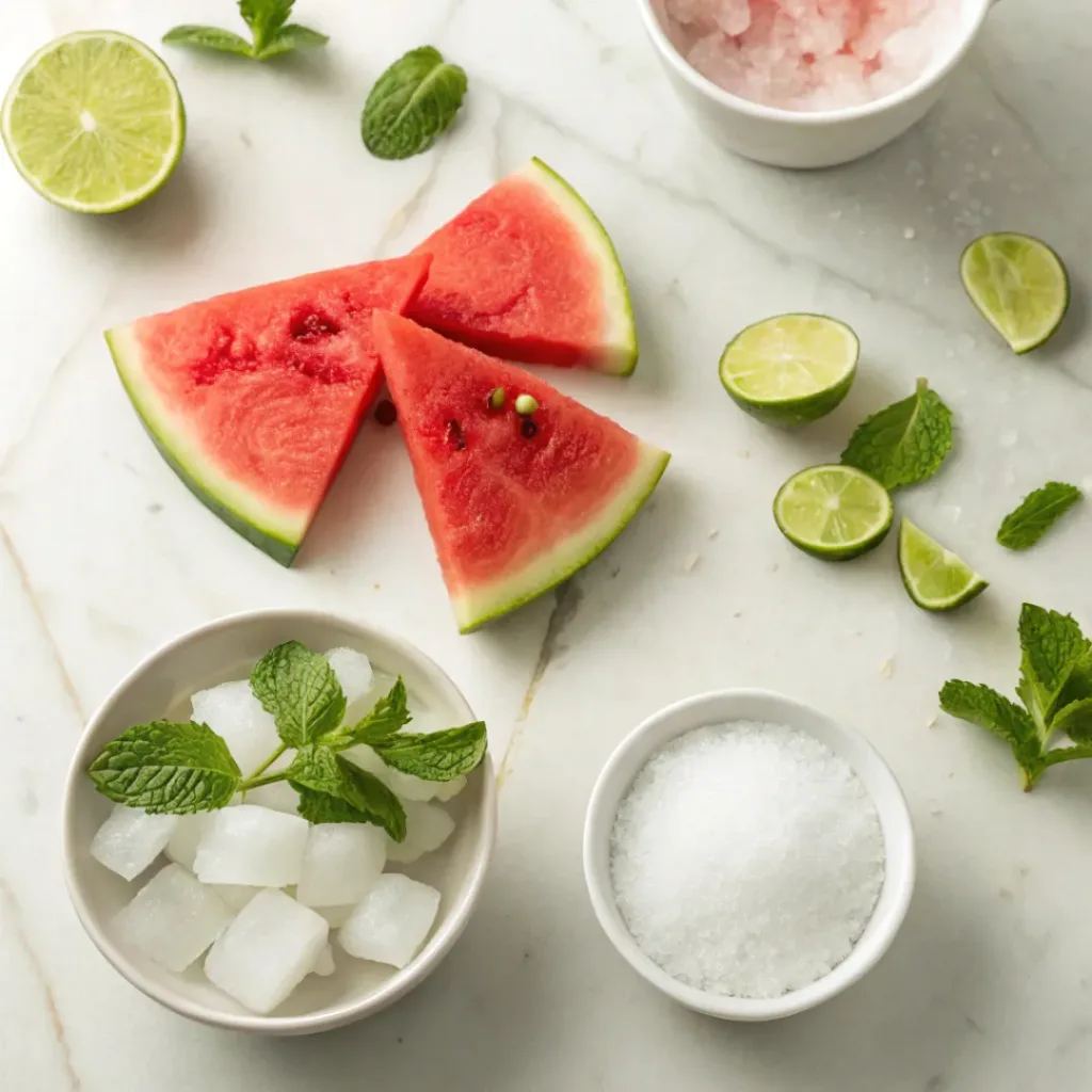 Flat lay of watermelon, lime, sugar, and mint for sorbet