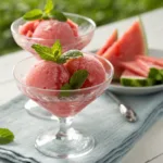 Smooth watermelon sorbet scoops with mint and watermelon slices